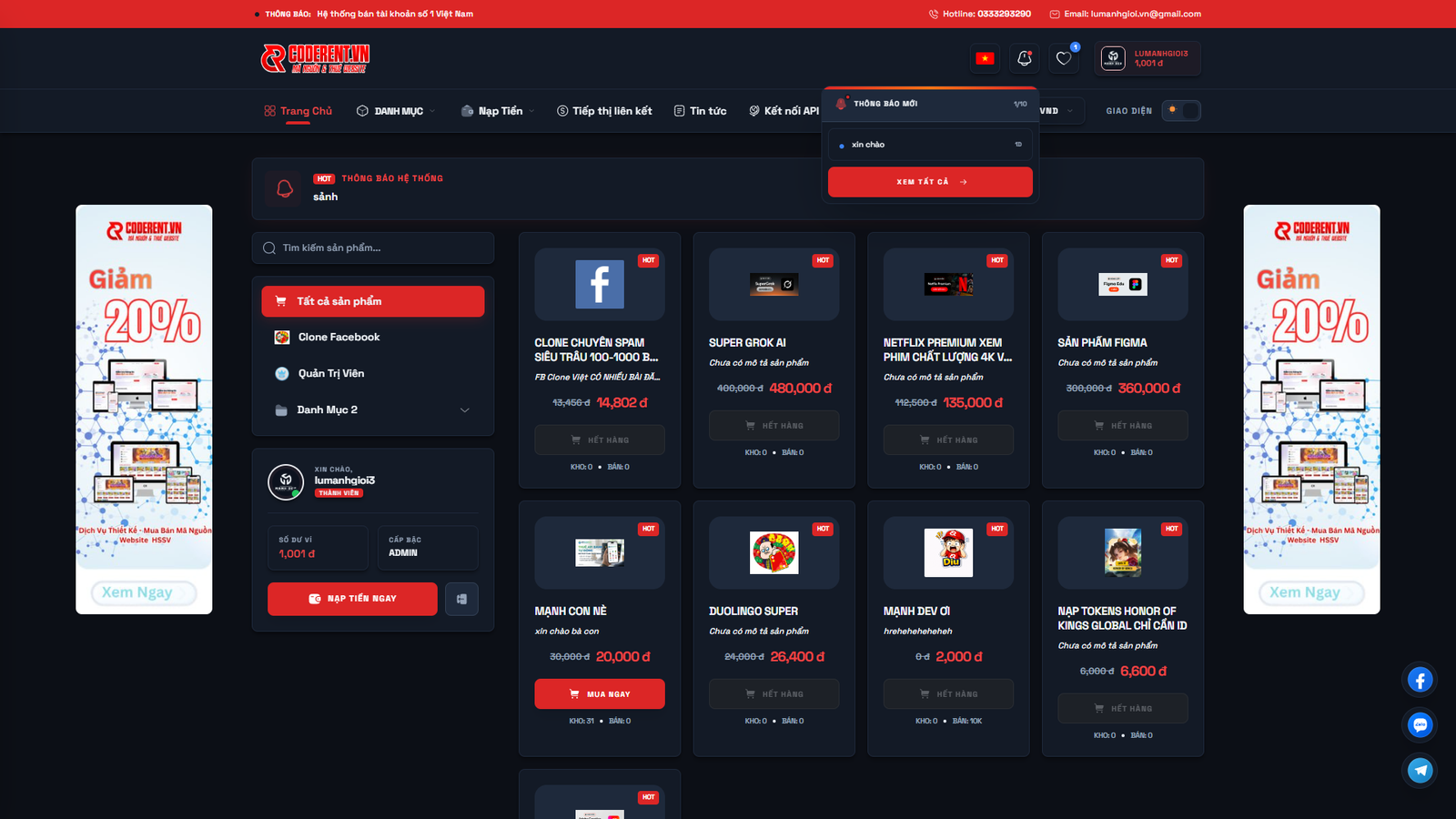 [SHOP CLONE] Shop Tài Khoản Premium - Clone Mail Via - Nguyên Liệu Ads Tự Động