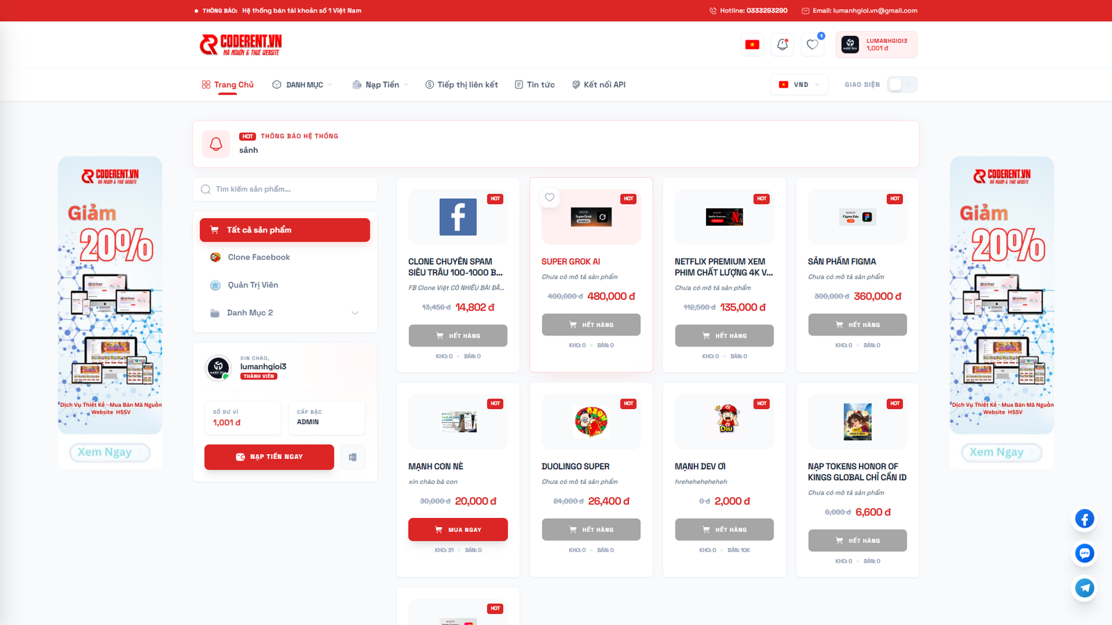 [SHOP CLONE] Shop Tài Khoản Premium - Clone Mail Via - Nguyên Liệu Ads Tự Động